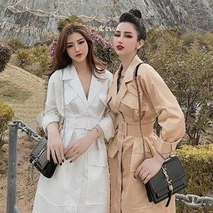 Midi Jacket Button Down Belted Dress Beige and White Size Small